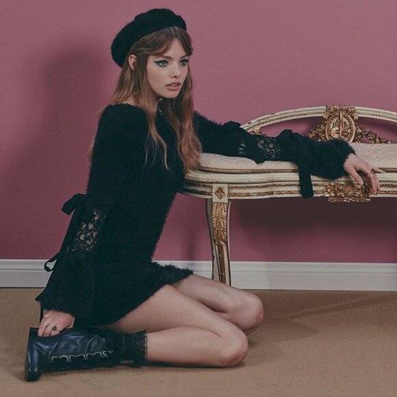 Knitz for Love and Lemons Black Françoise Mini Dress Lace Fluffy Long Sleeve - Picture 1 of 9